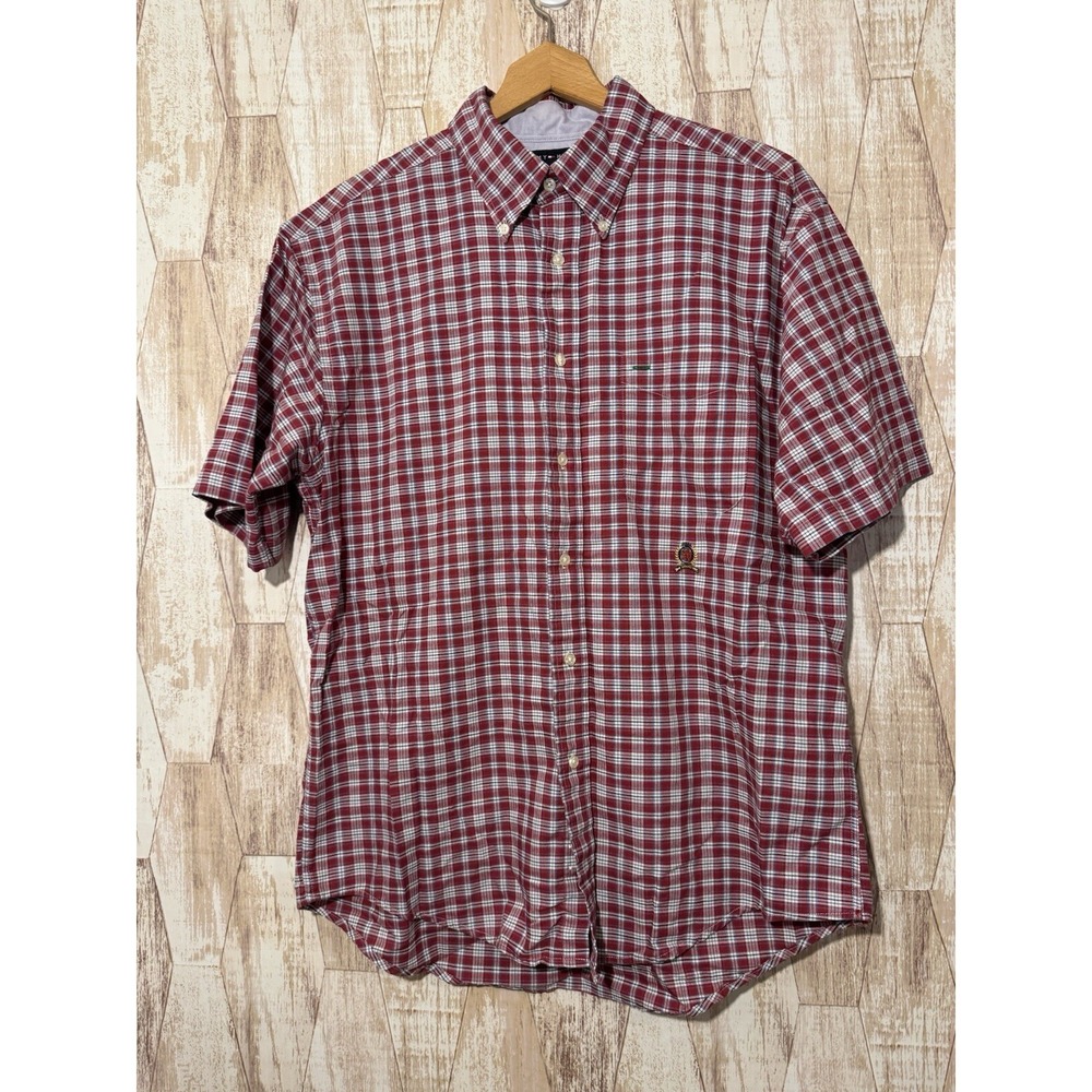 Tommy Hilfiger Mens Size L Vintage Y2K Cotton Button-Up Shirt Logo Plaid Chu Chu